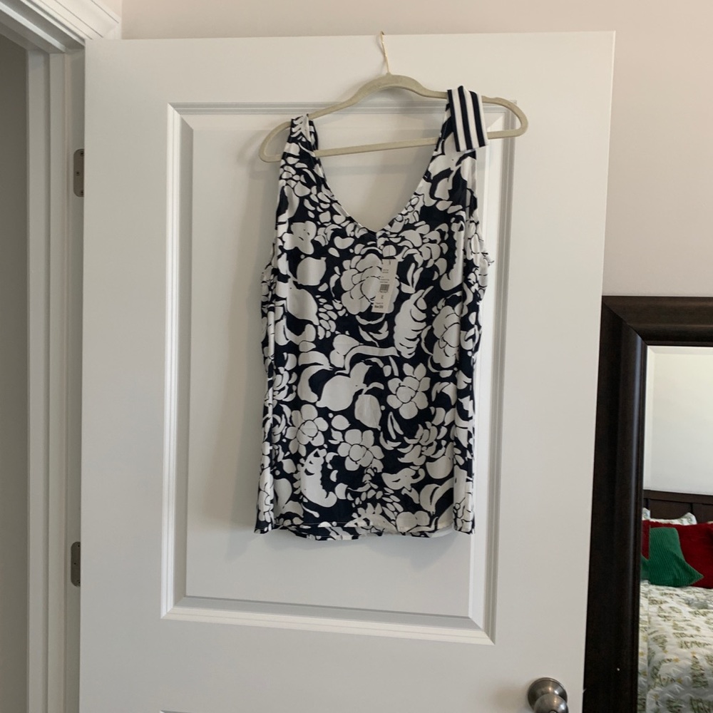 Cabi classic navy/white floral and stripes blouse.